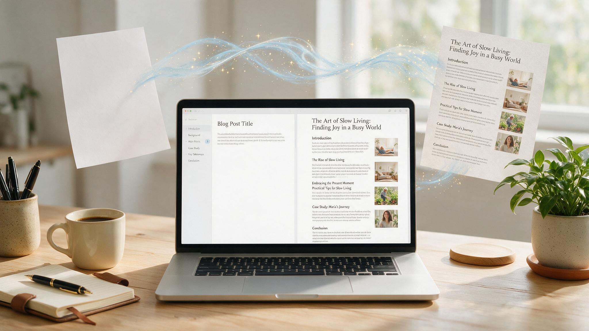 A blank document transforming into a written article on a laptop screen
