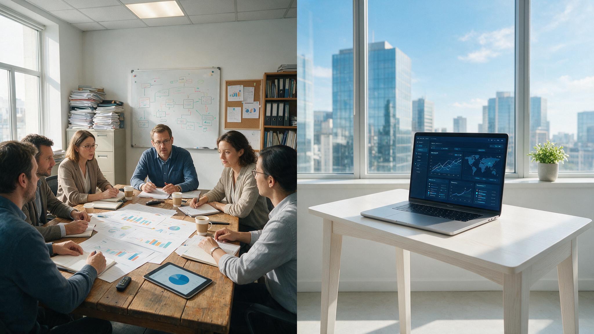 A busy agency office meeting next to a single minimalist desk running automated software