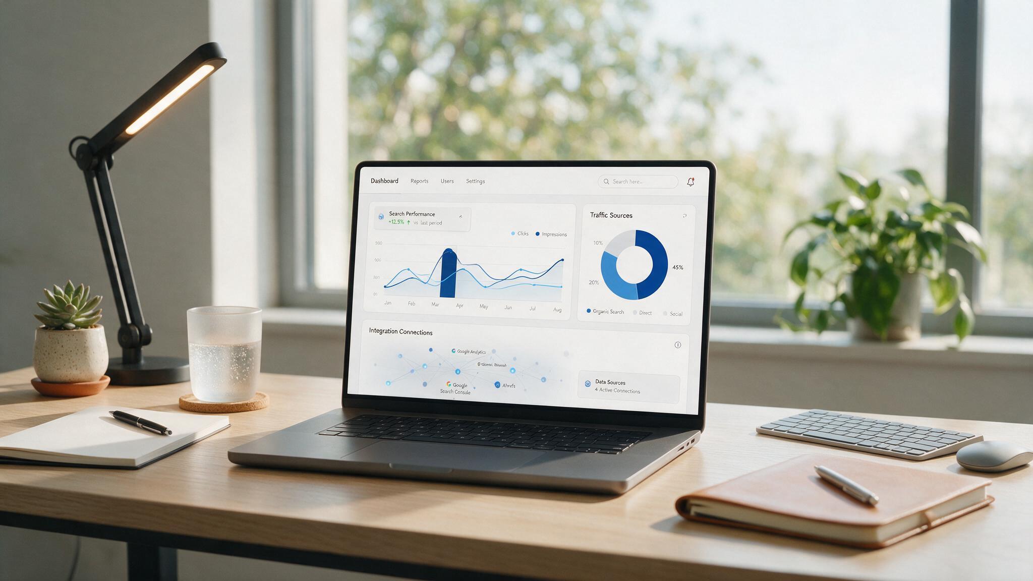 Laptop screen showing a search performance dashboard with an integration diagram