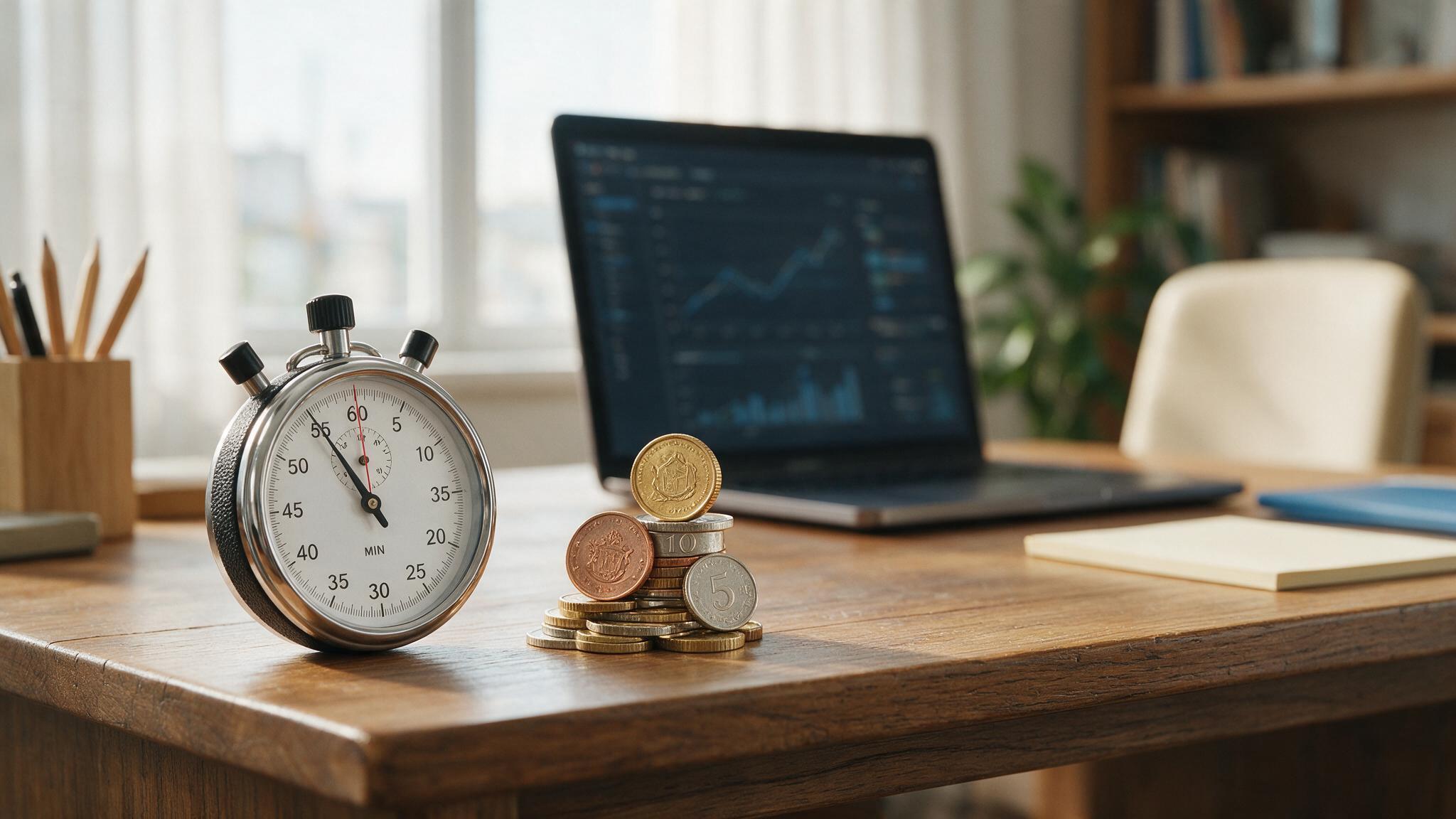 A stopwatch and stack of coins on a desk next to an open laptop