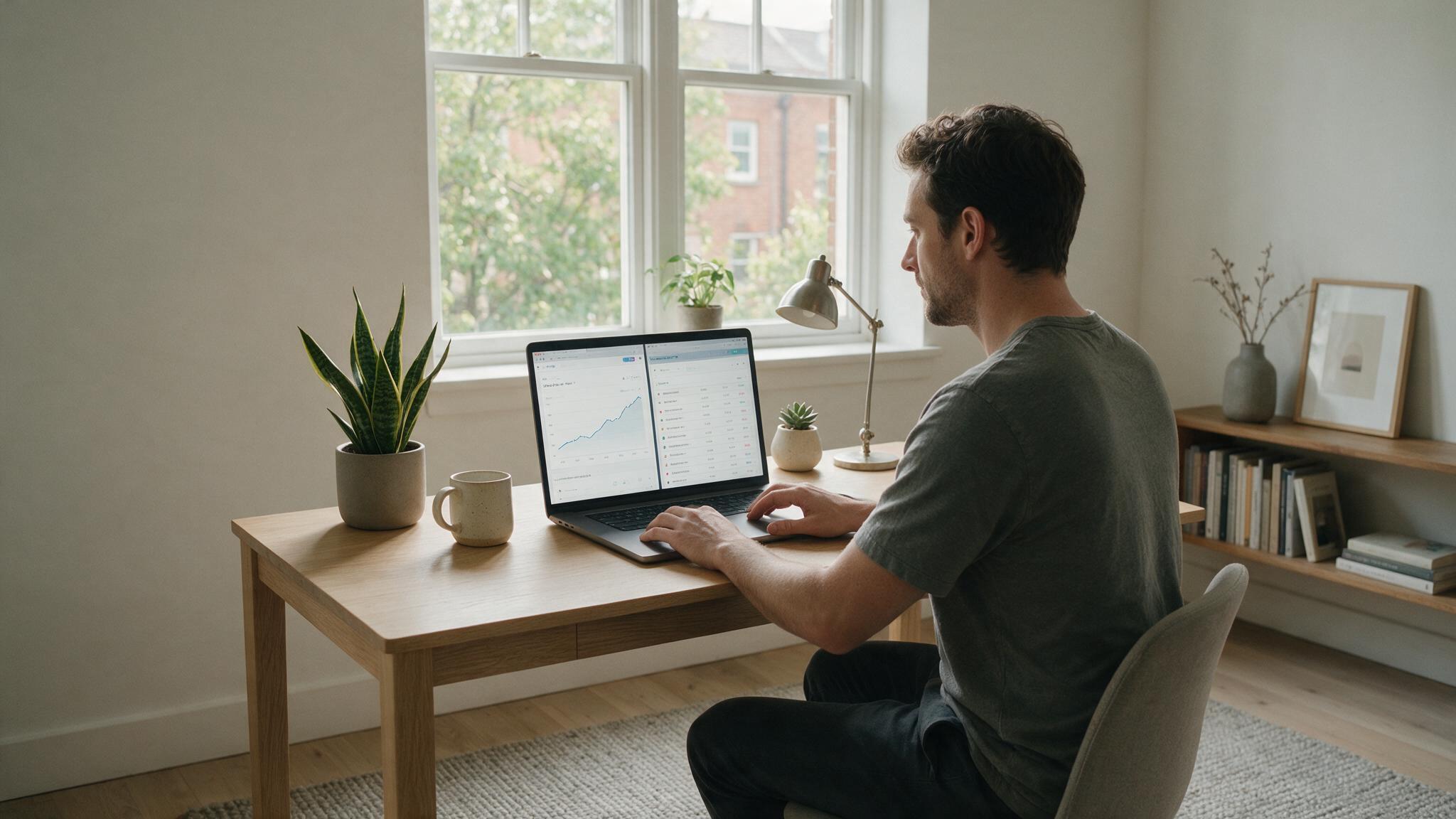 A solo founder at a laptop looking at a rising SEO traffic graph, no agency team in sight