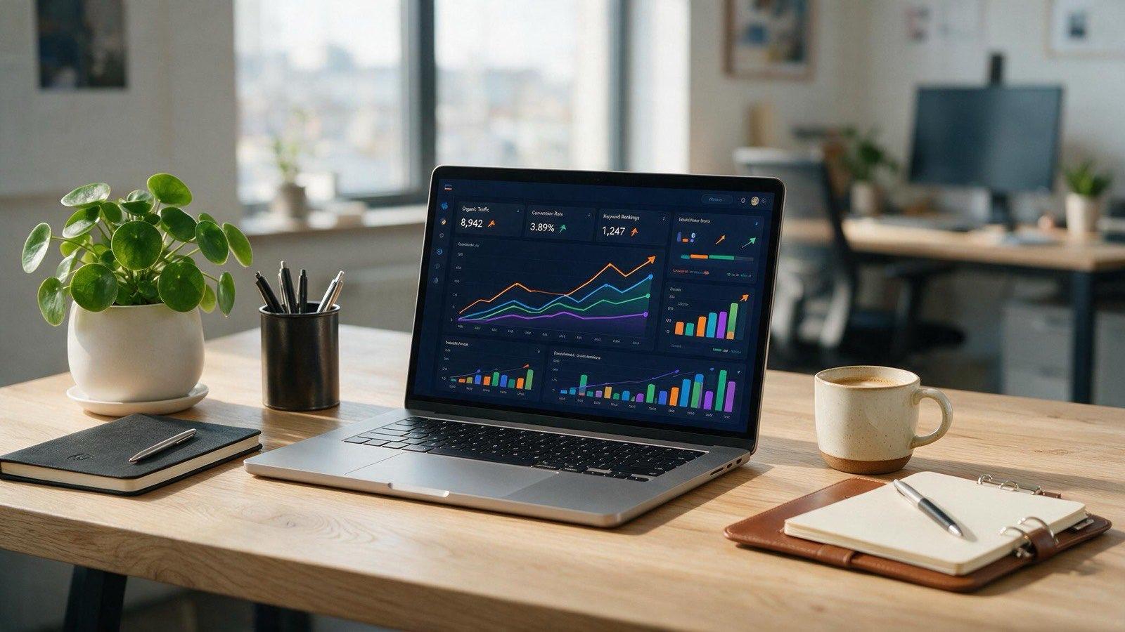 Laptop on a desk showing an auto SEO dashboard with rising organic traffic graphs