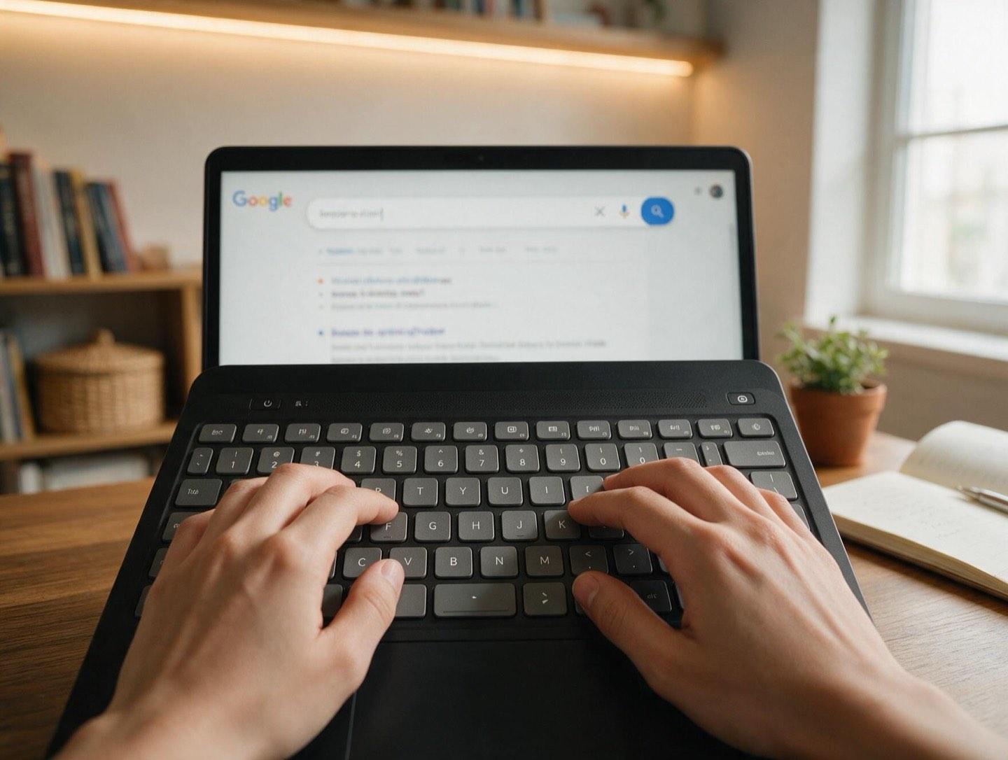 Hands typing on a laptop with search results on screen, the research step an auto SEO tool runs on its own