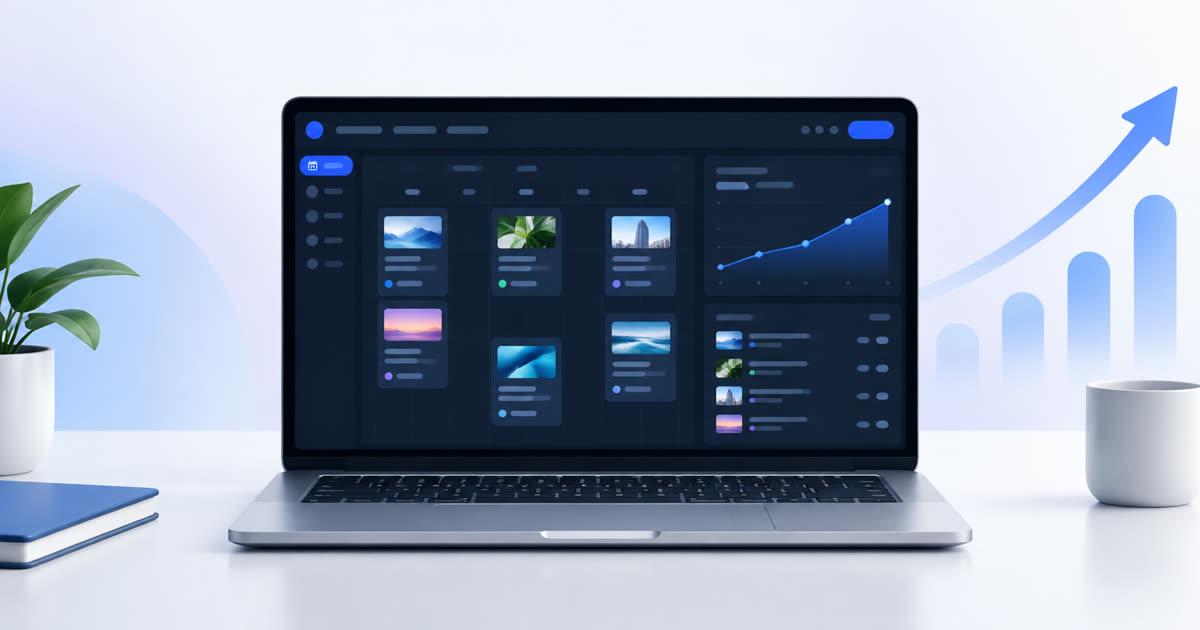 Laptop showing a dark content calendar dashboard with scheduled articles and a rising traffic chart for a new WordPress site