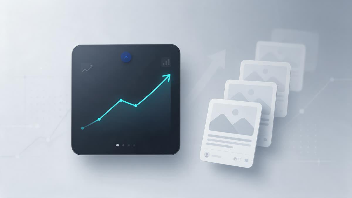 Dark analytics card with a rising impressions line beside a stack of published article cards, the growth a new WordPress site gets from consistent publishing