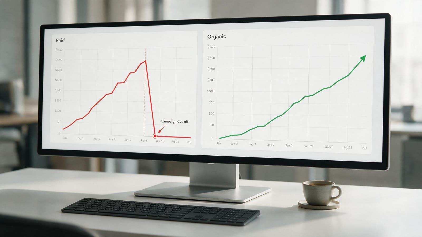 Google Ads vs SEO compared on screen: two line charts, paid traffic dropping sharply to zero when spend stops and organic traffic continuing to climb