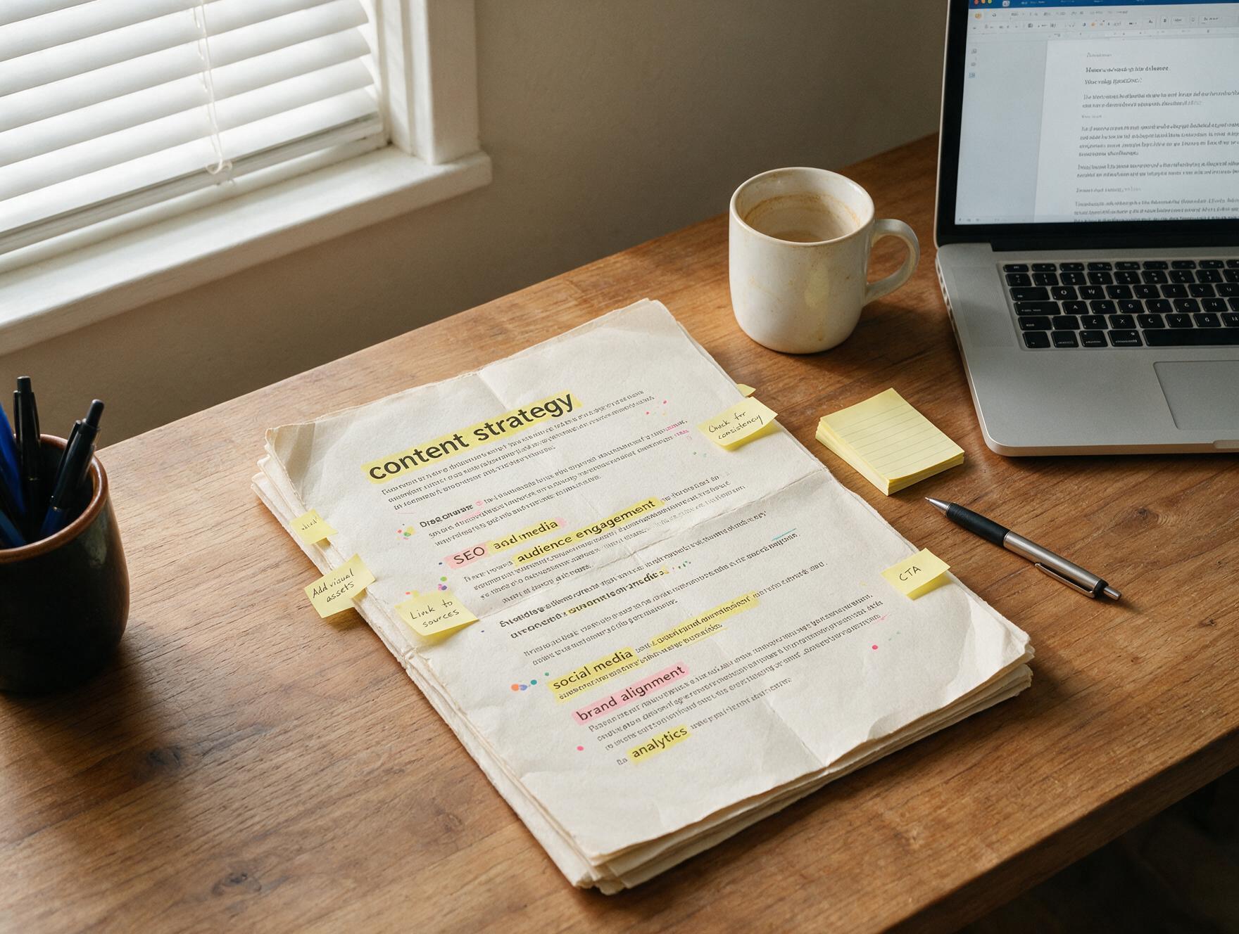 A content brief printed on paper with keyword highlights next to a laptop showing an article draft