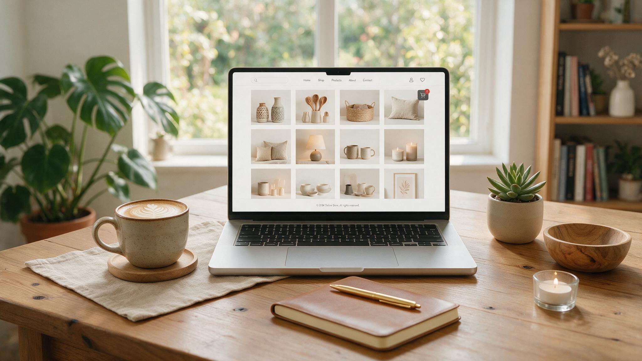 A laptop showing a grid of online store product thumbnails