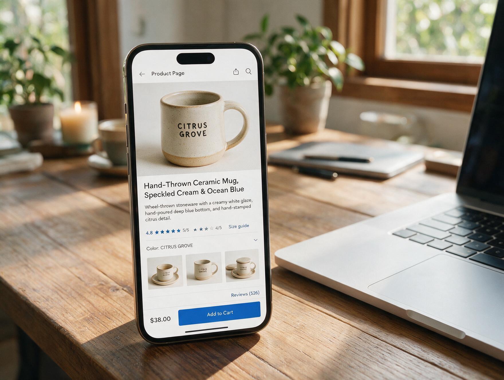 A smartphone displaying an online shopping product page next to a laptop