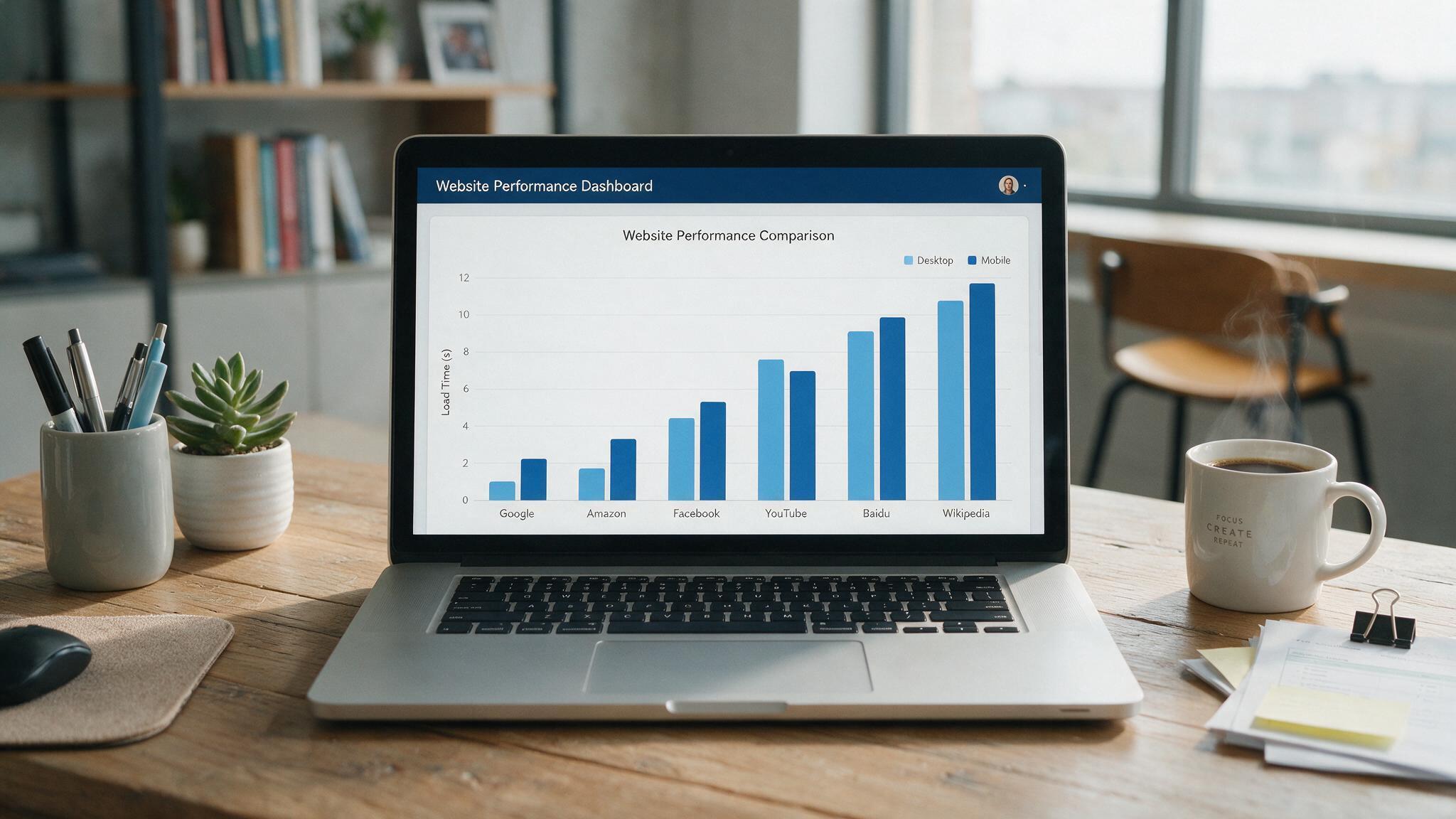 A laptop showing a bar chart comparison of website performance metrics