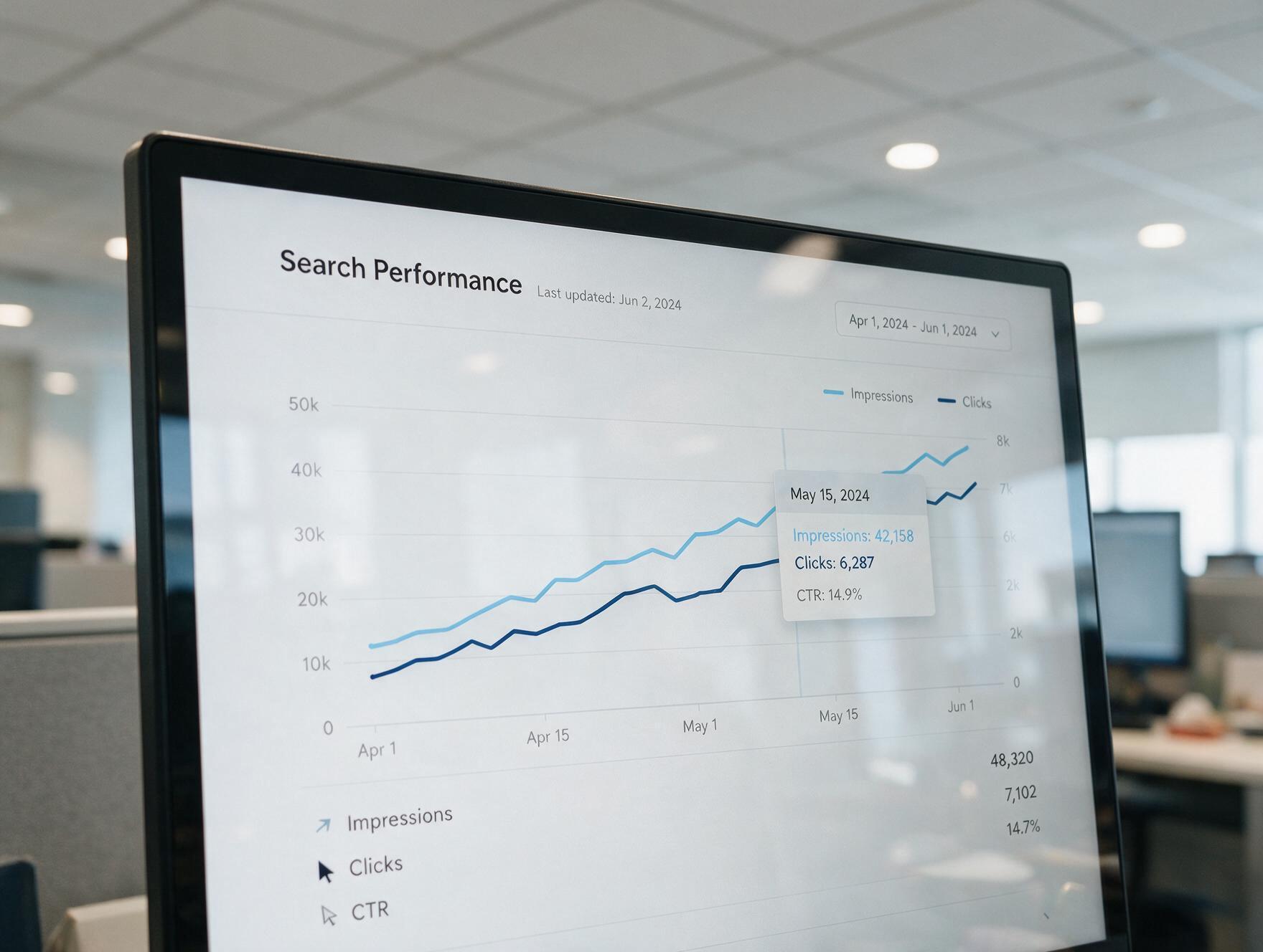 Close-up of a monitor showing a search performance graph trending upward