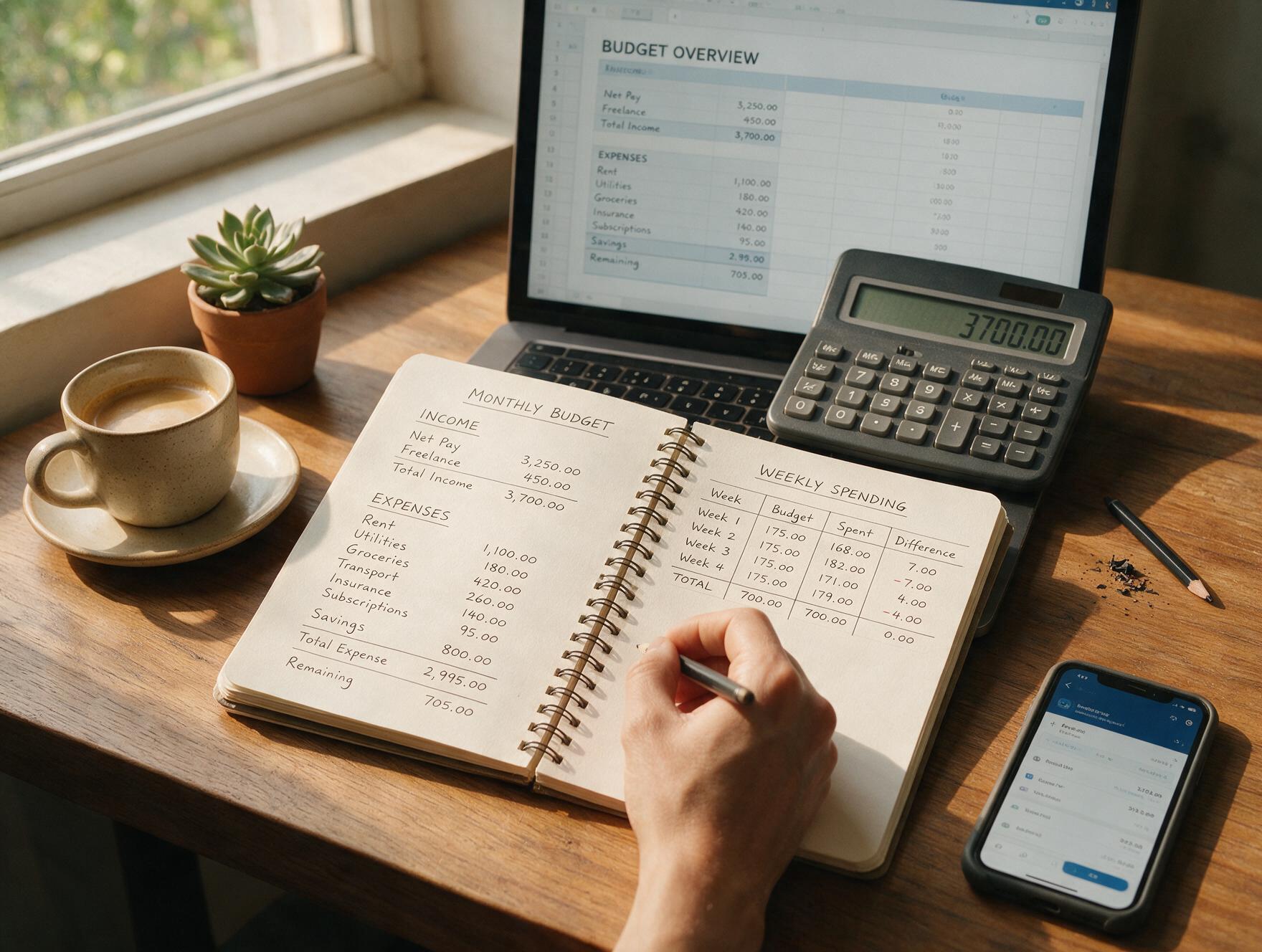 A hand writing budget calculations on a notepad next to a calculator