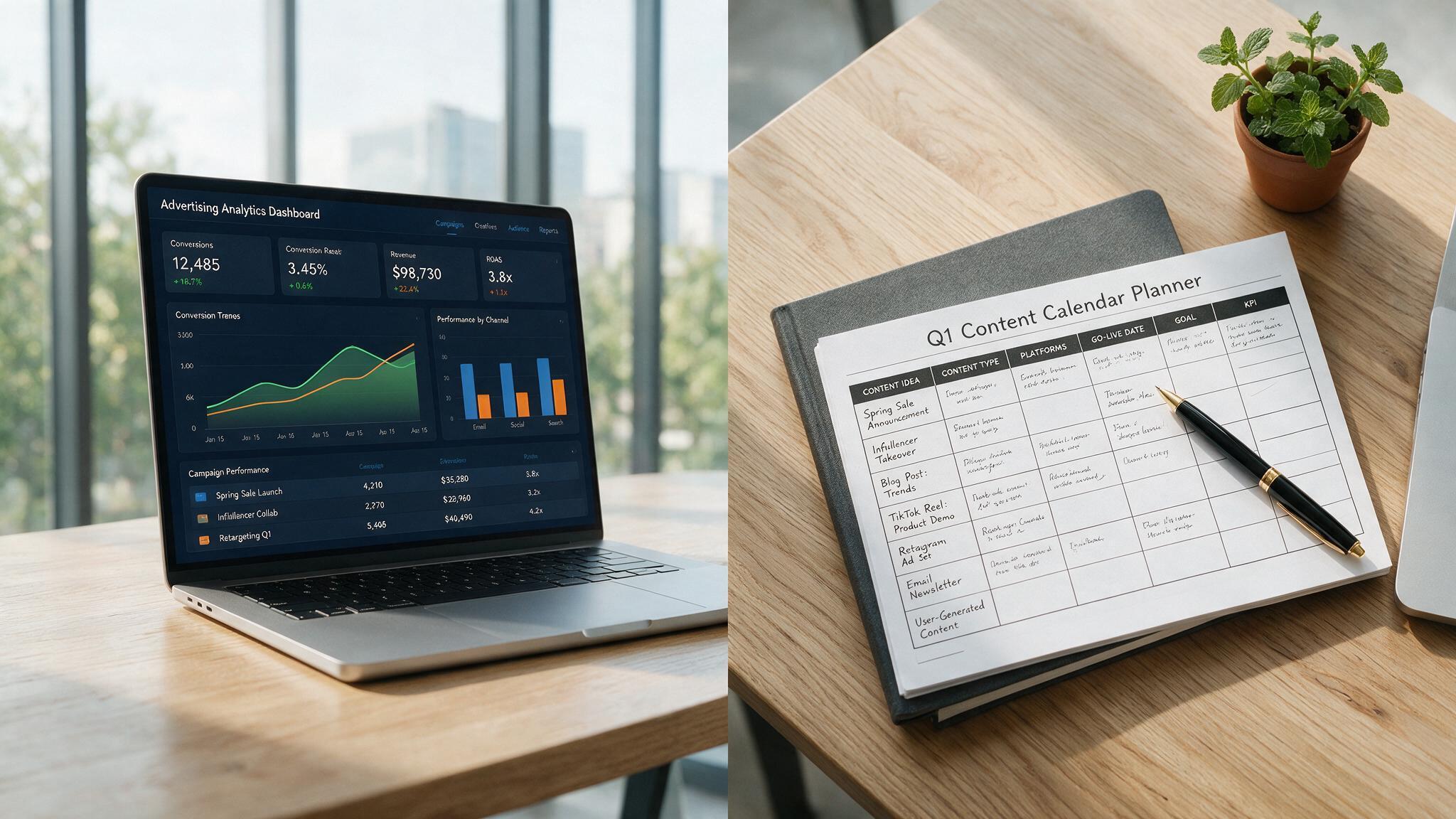 A laptop showing an ads conversion dashboard next to a printed content calendar