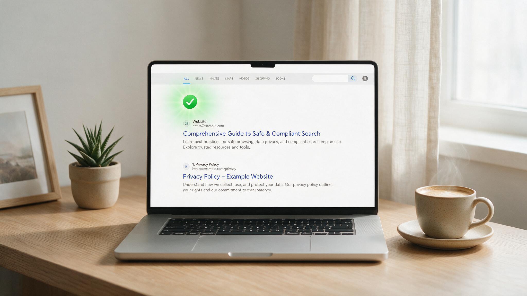 A laptop screen showing a green checkmark over a search engine results page