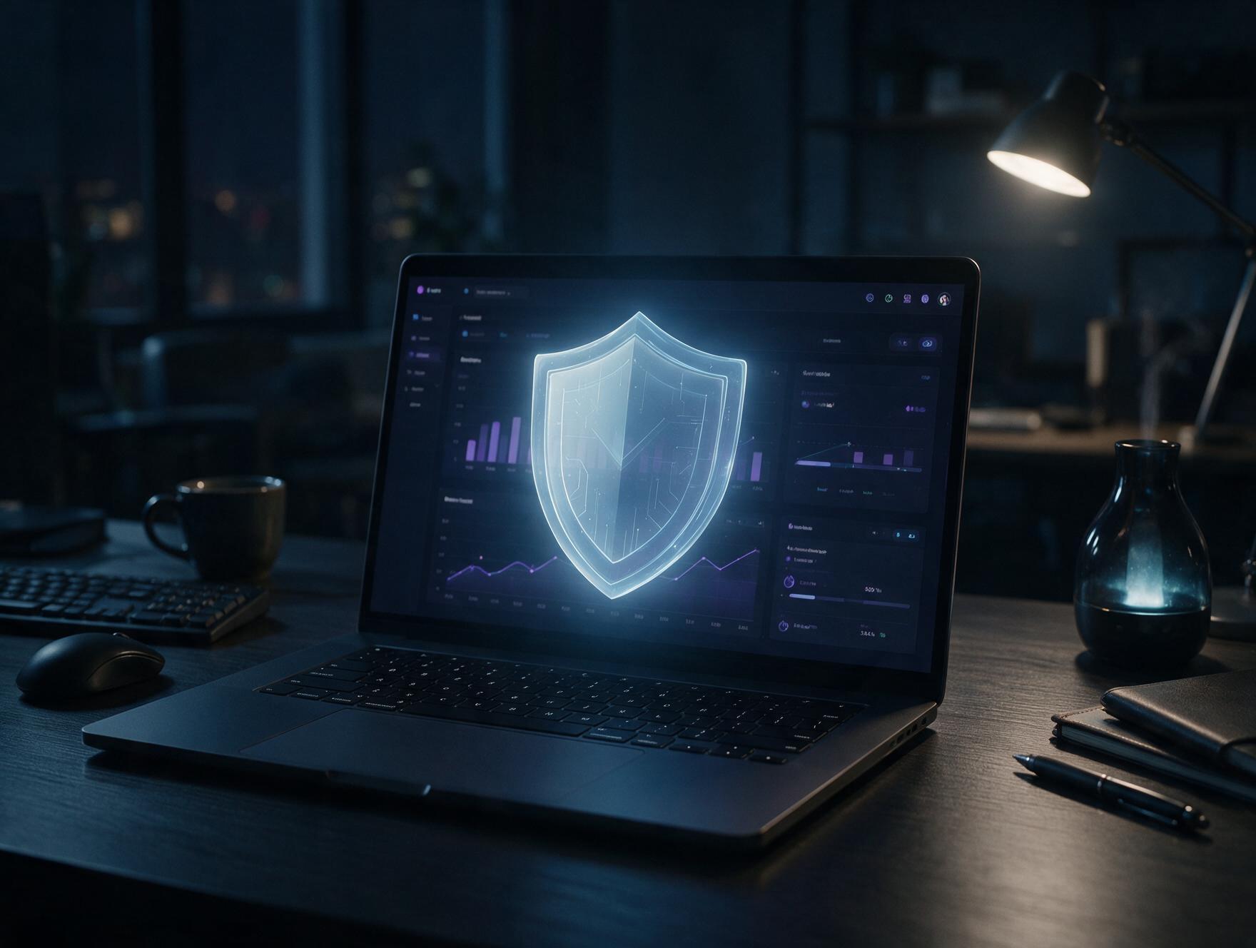 A shield icon glowing softly over a laptop screen showing website analytics