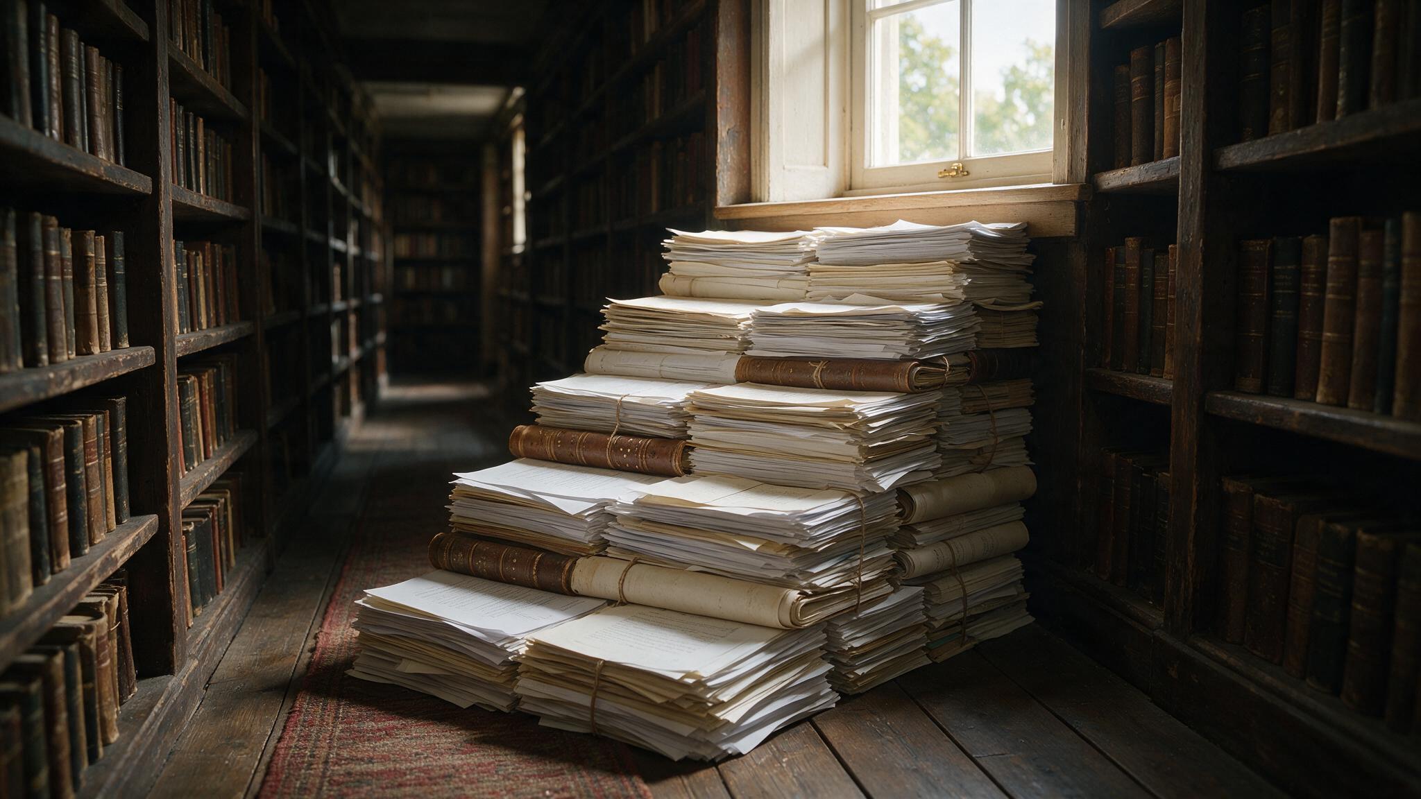 A staircase made of stacked documents leading upward toward bright light