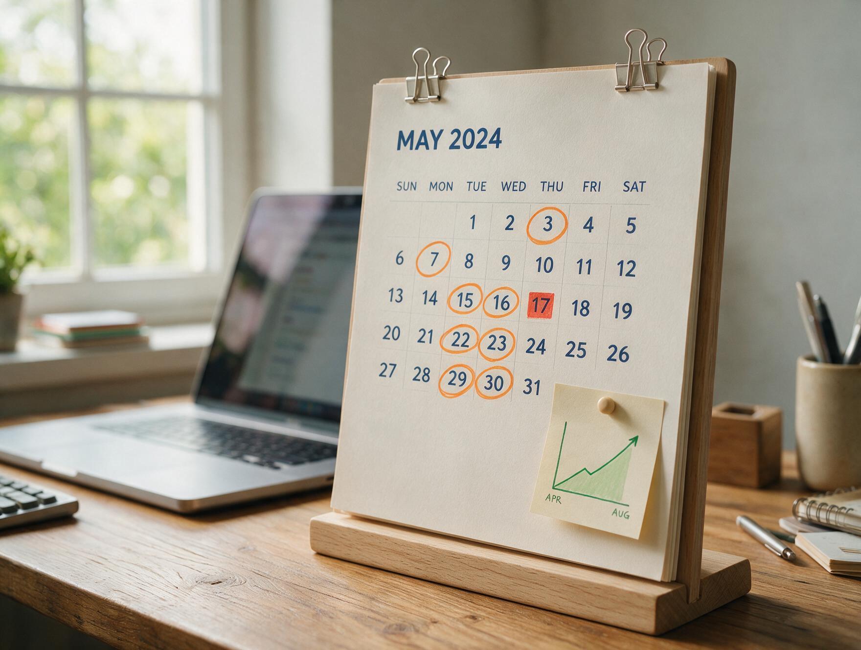 A desk calendar with an upward trending line sketched on a sticky note