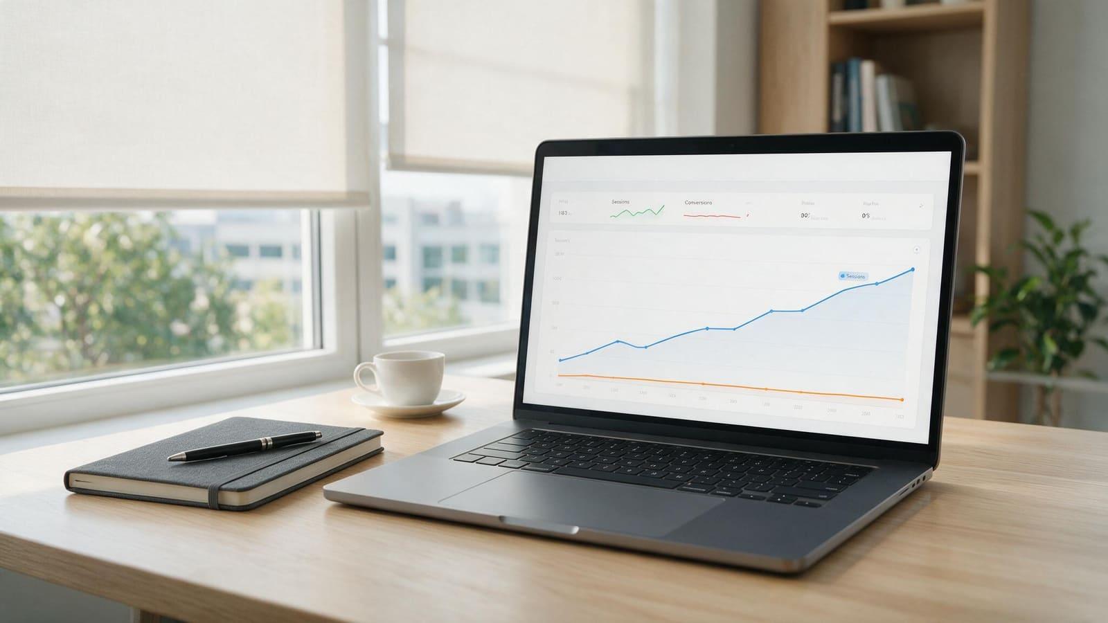 SEO leads problem on screen: an analytics dashboard showing organic traffic climbing beside a flat conversions line, on a laptop in a bright office